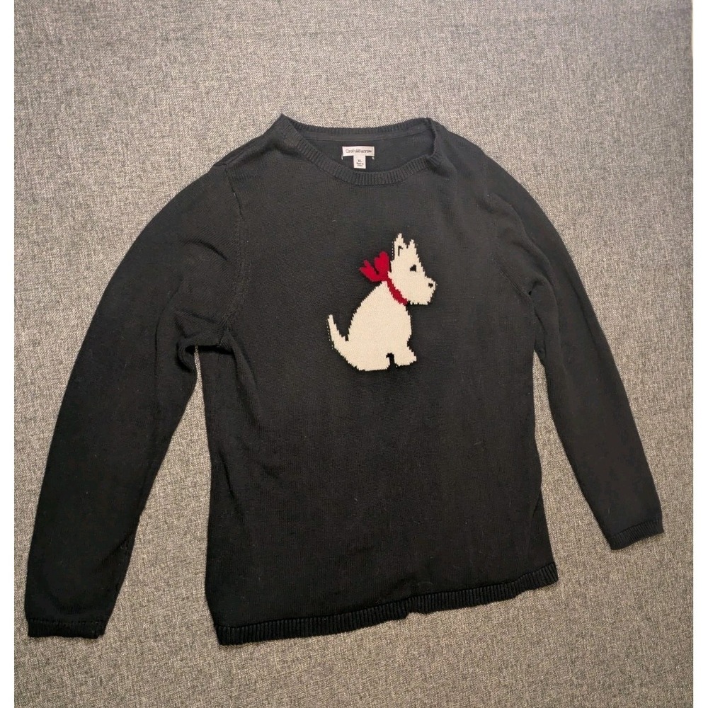 Croft & Barrow Women's Black Design Cute Dog With Red Ribbon Sweater Size XL